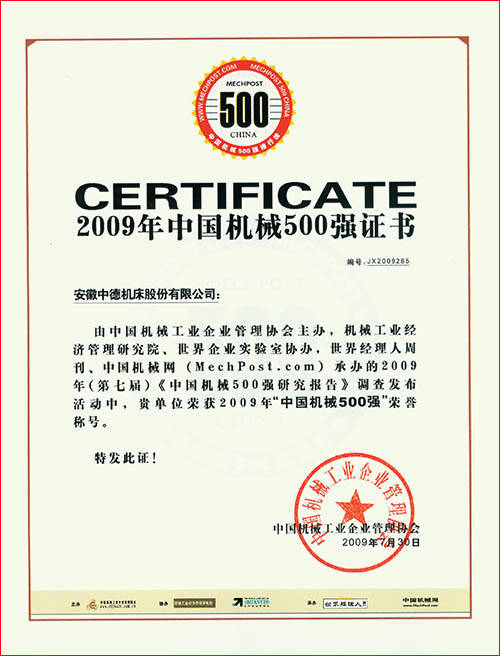 中國機械500強證書
